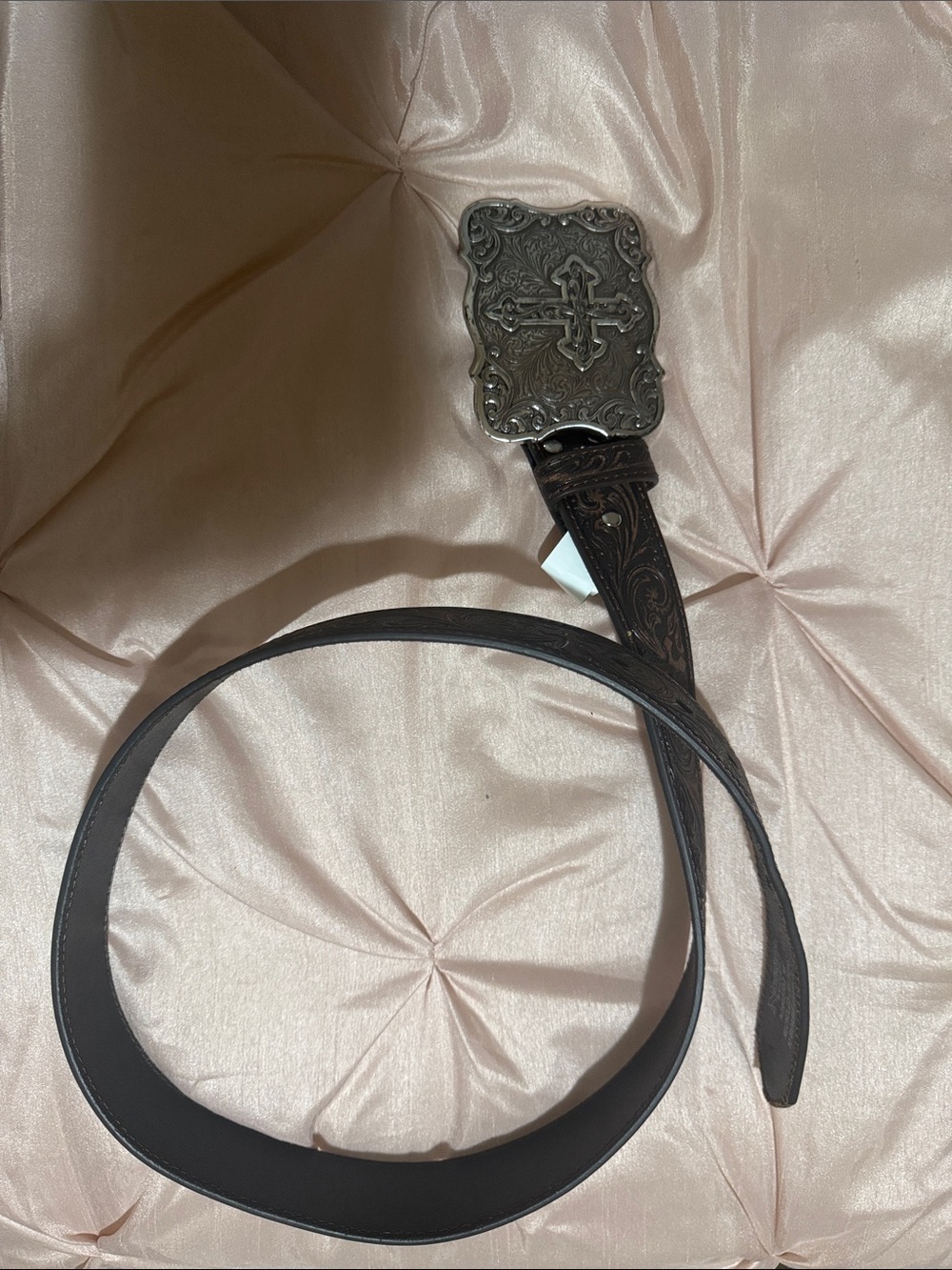 Women’s Brown Leather Belt with Ornate Cross Buckle